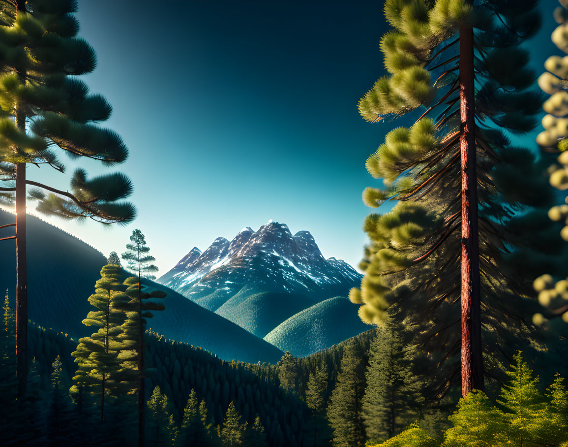 Majestic snow-capped mountain framed by lush forest