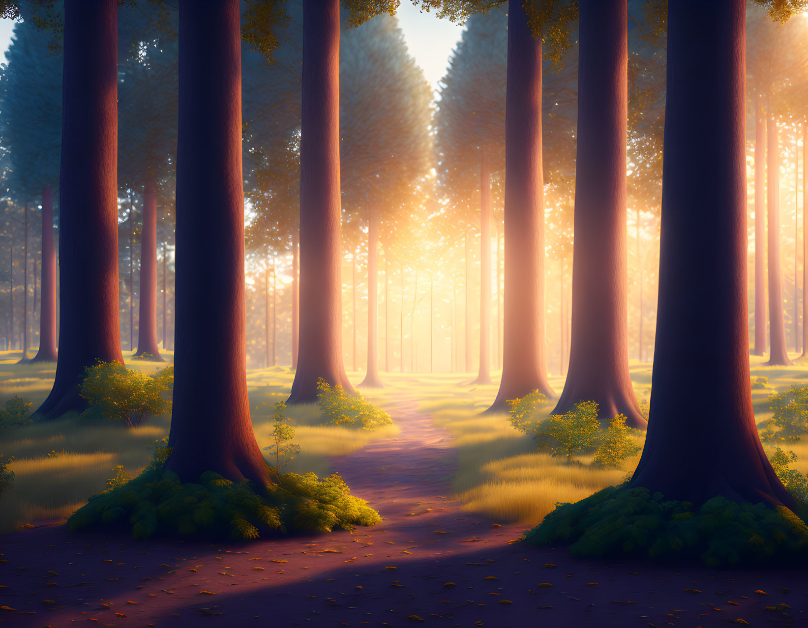 Majestic forest scene with tall trees and sunset glow