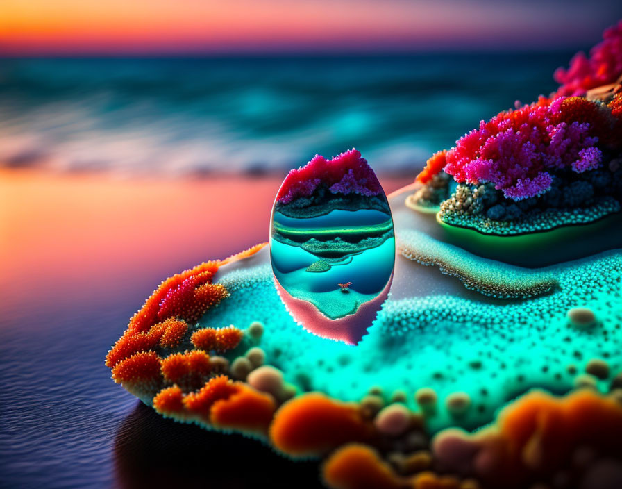 Colorful Coral-Like Structures in Surreal Landscape with Levitating Water Droplet