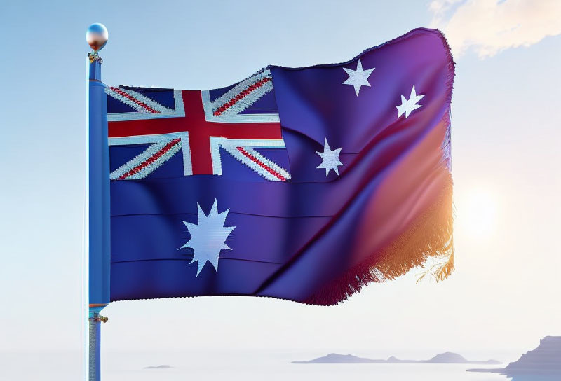 Australian flag with Union Jack and Southern Cross under blue sky