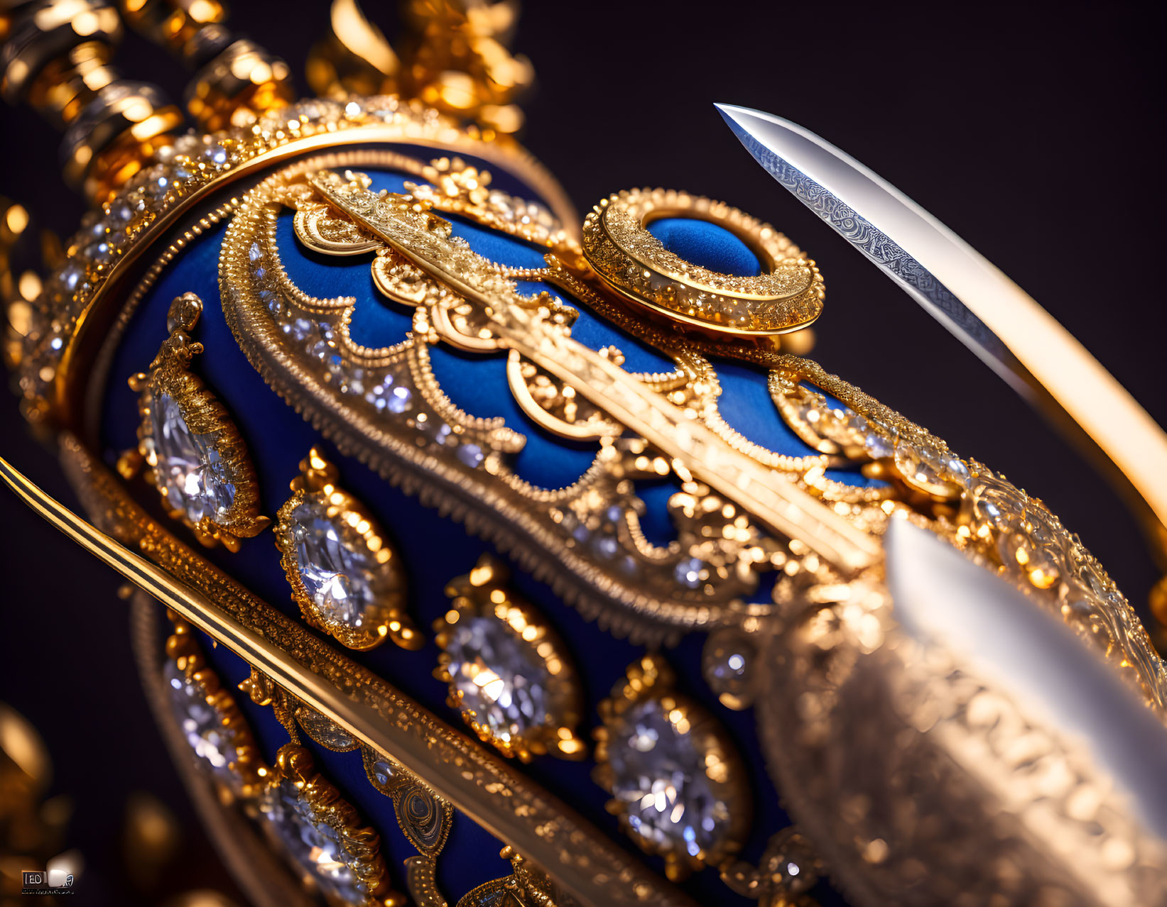 Ornate object with gold details, blue enamel, crystals, and sharp blade tip