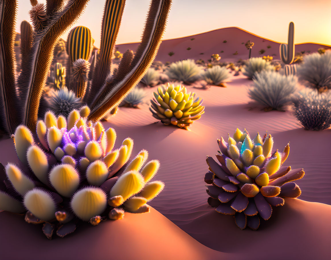 Colorful Glowing Cacti in Stylized Desert Scene