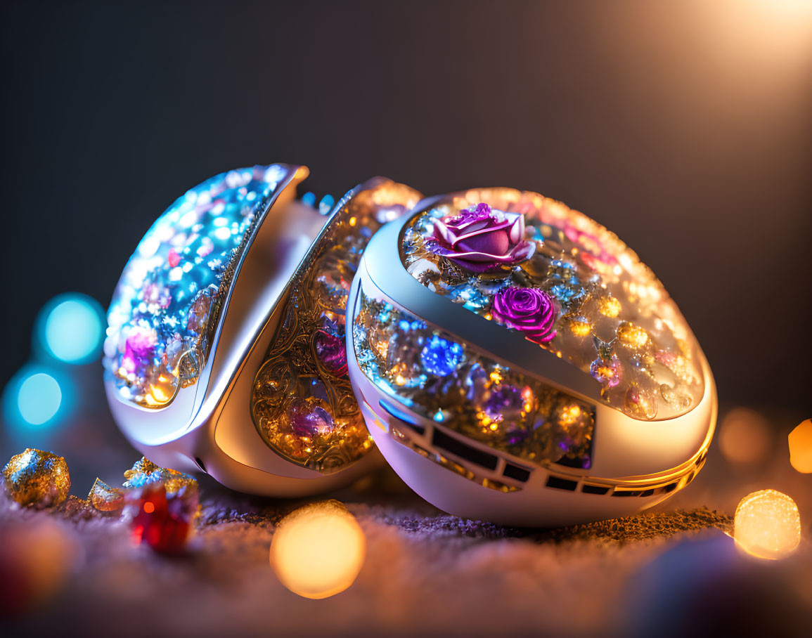 Ornate spherical jewelry box with purple rose and sparkling lights