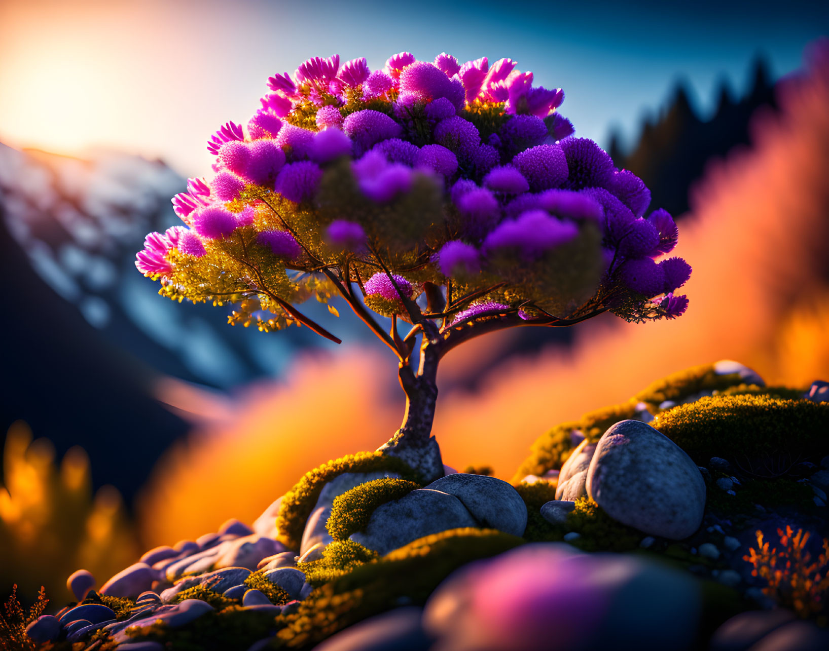 Purple Foliage Bonsai Tree in Mountainous Sunset Landscape