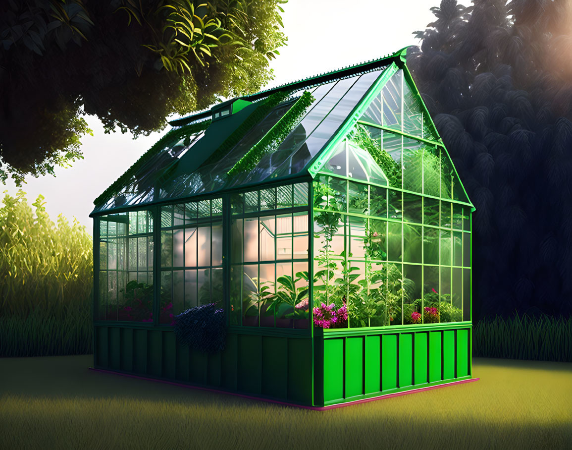 Greenhouse filled with lush plants in soft twilight light