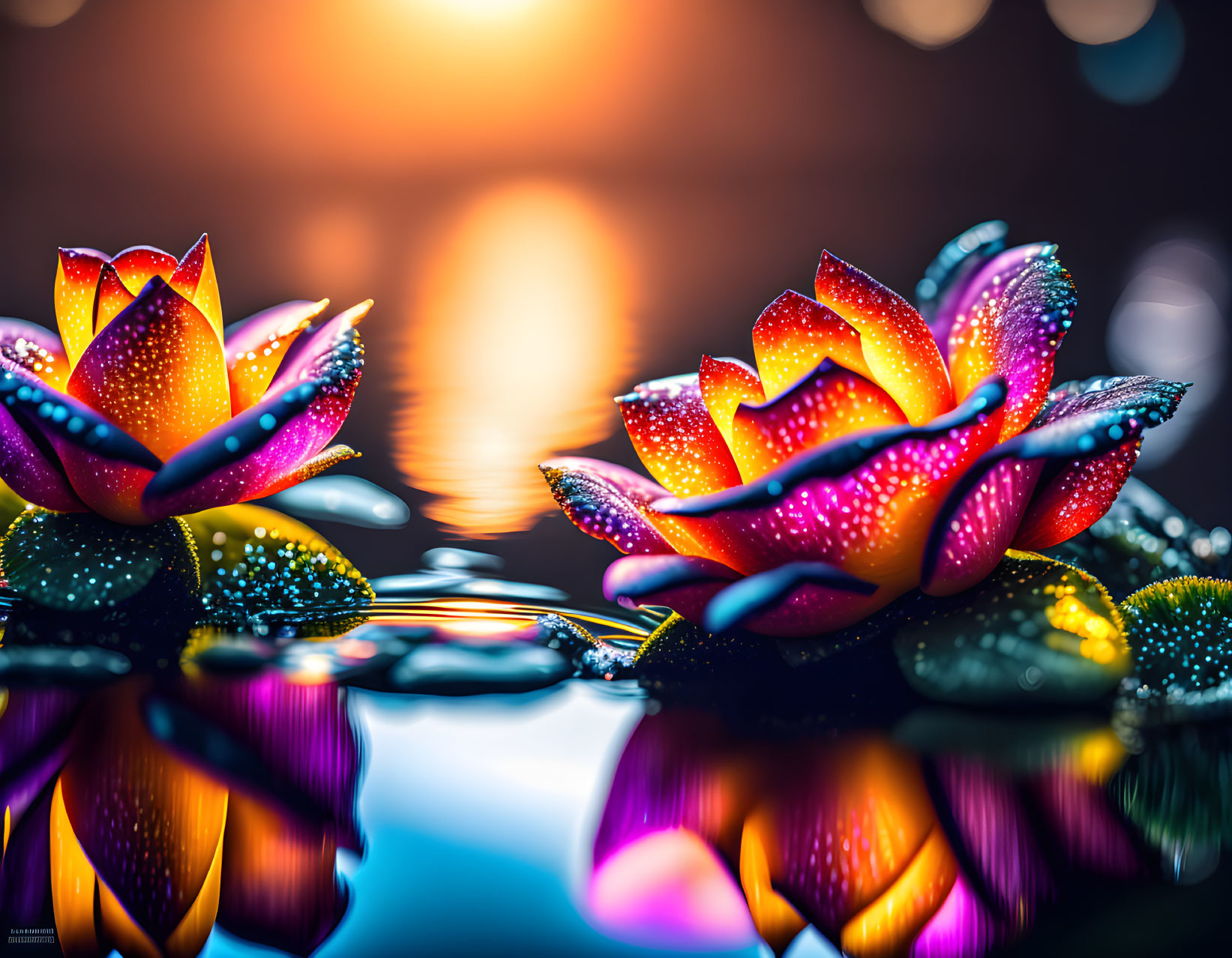 Colorful illuminated artificial lotus flowers on water with bokeh light backdrop