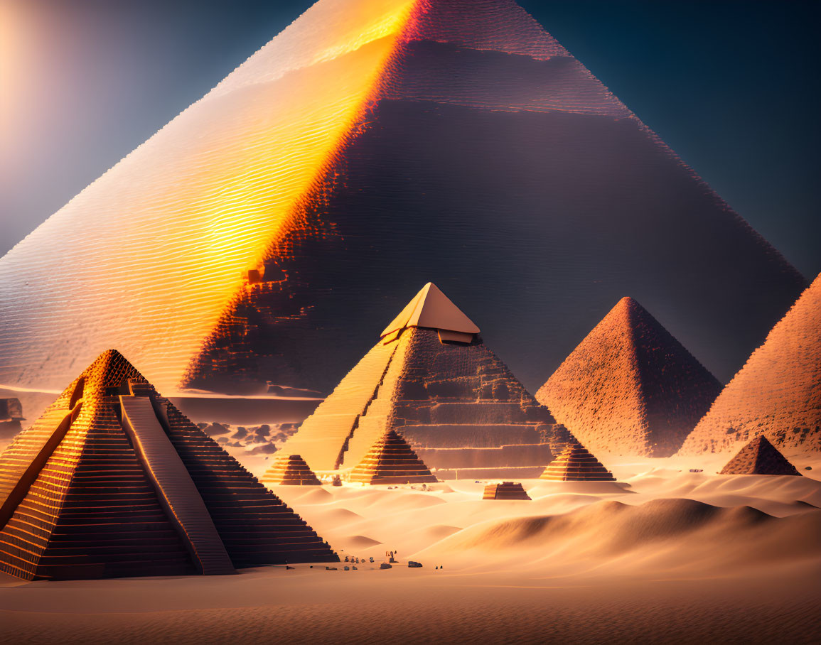 Futuristic pyramids with glowing edges in evening sky with sailboat