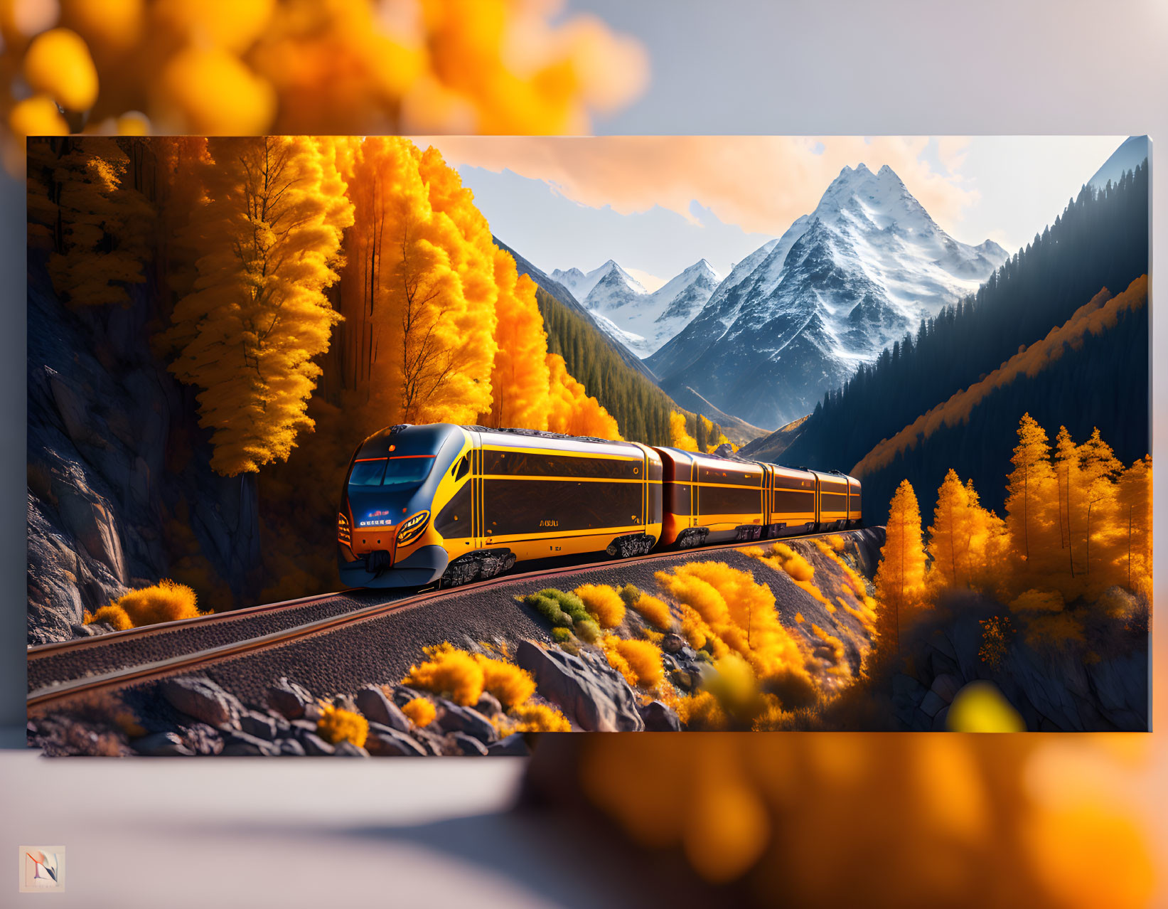 Train journey through vibrant autumn landscape with golden trees and snowy peaks