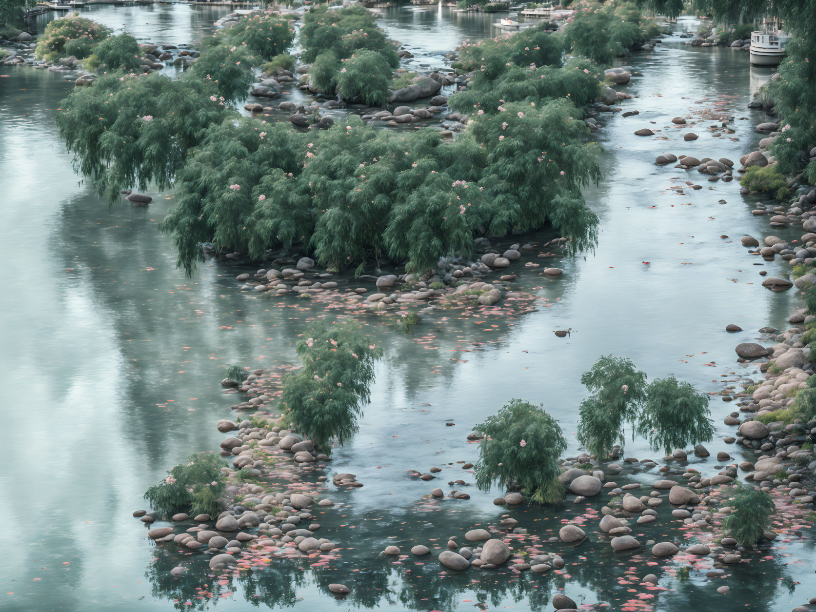 Tranquil Riverbed with Green Shrubs and Smooth Stones