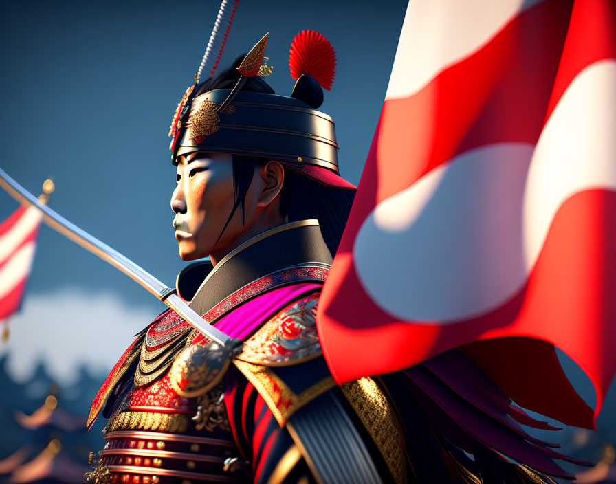 Detailed 3D rendering: Ancient Asian warrior in traditional armor with spear and flag