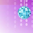 Shimmering disco ball with blue stripes above reflective purple surface