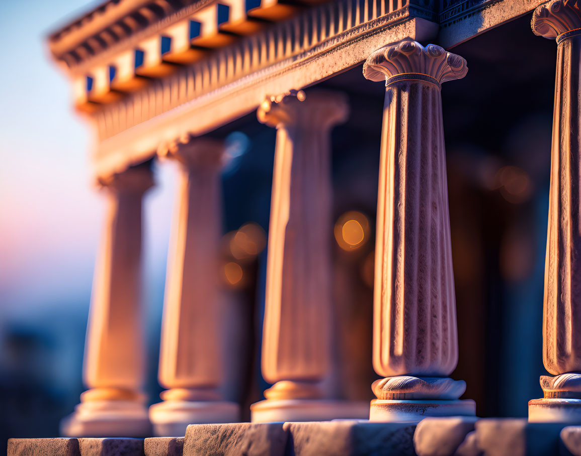 Classical columns with ornate capitals at sunset.