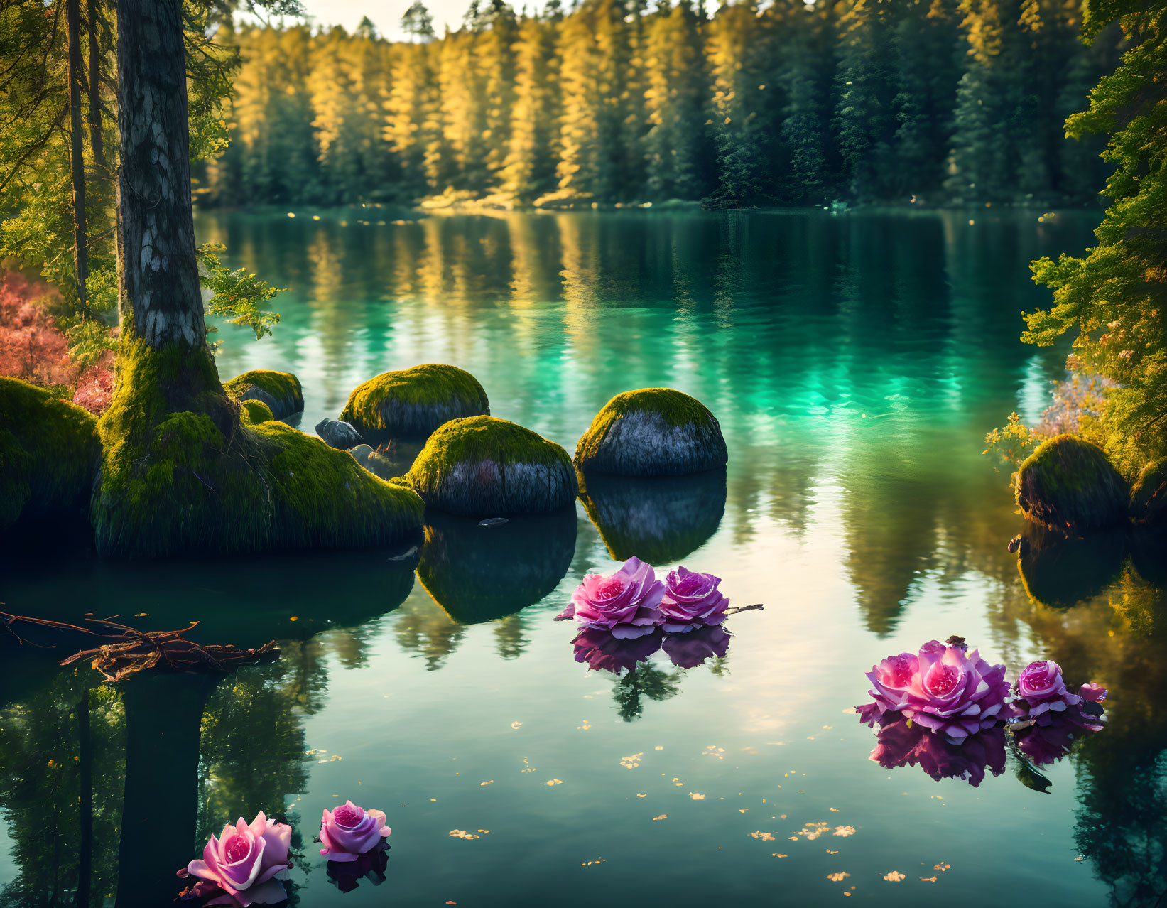 Serene Forest Lake with Turquoise Water and Pink Flowers