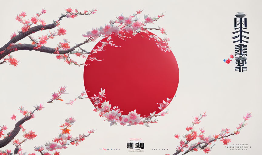 Vibrant red circle with cherry blossoms on pale background and Asian script