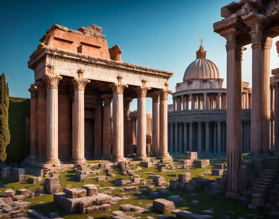 Ancient Roman ruins featuring columns and a dome under clear blue sky