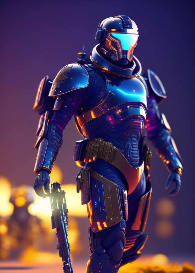 Futuristic armored robot with glowing blue lights and rifle on purple backdrop