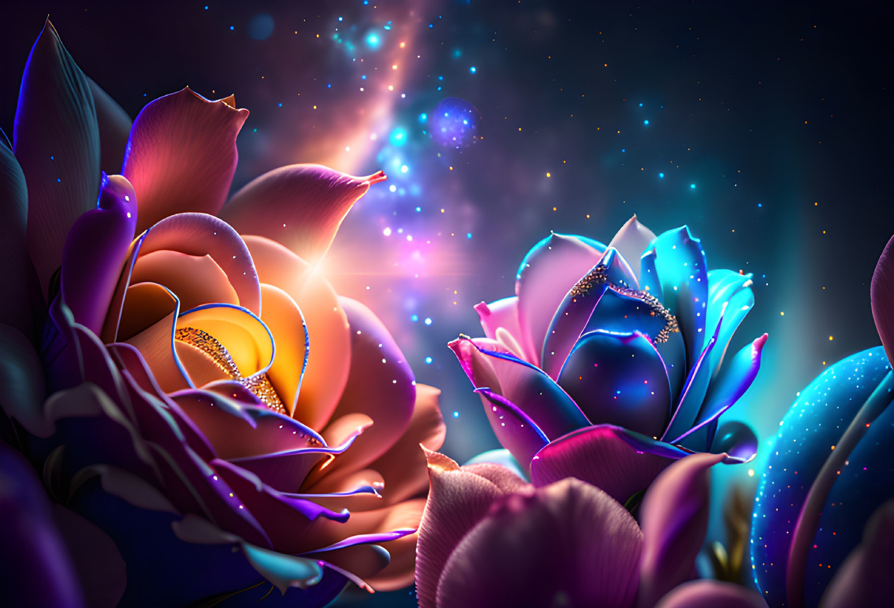 Neon-colored flowers in cosmic setting with stars