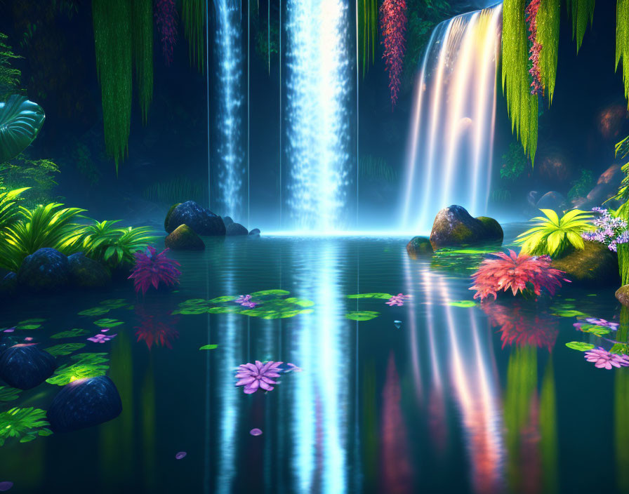 Tranquil waterfall and pink water lilies in serene pond