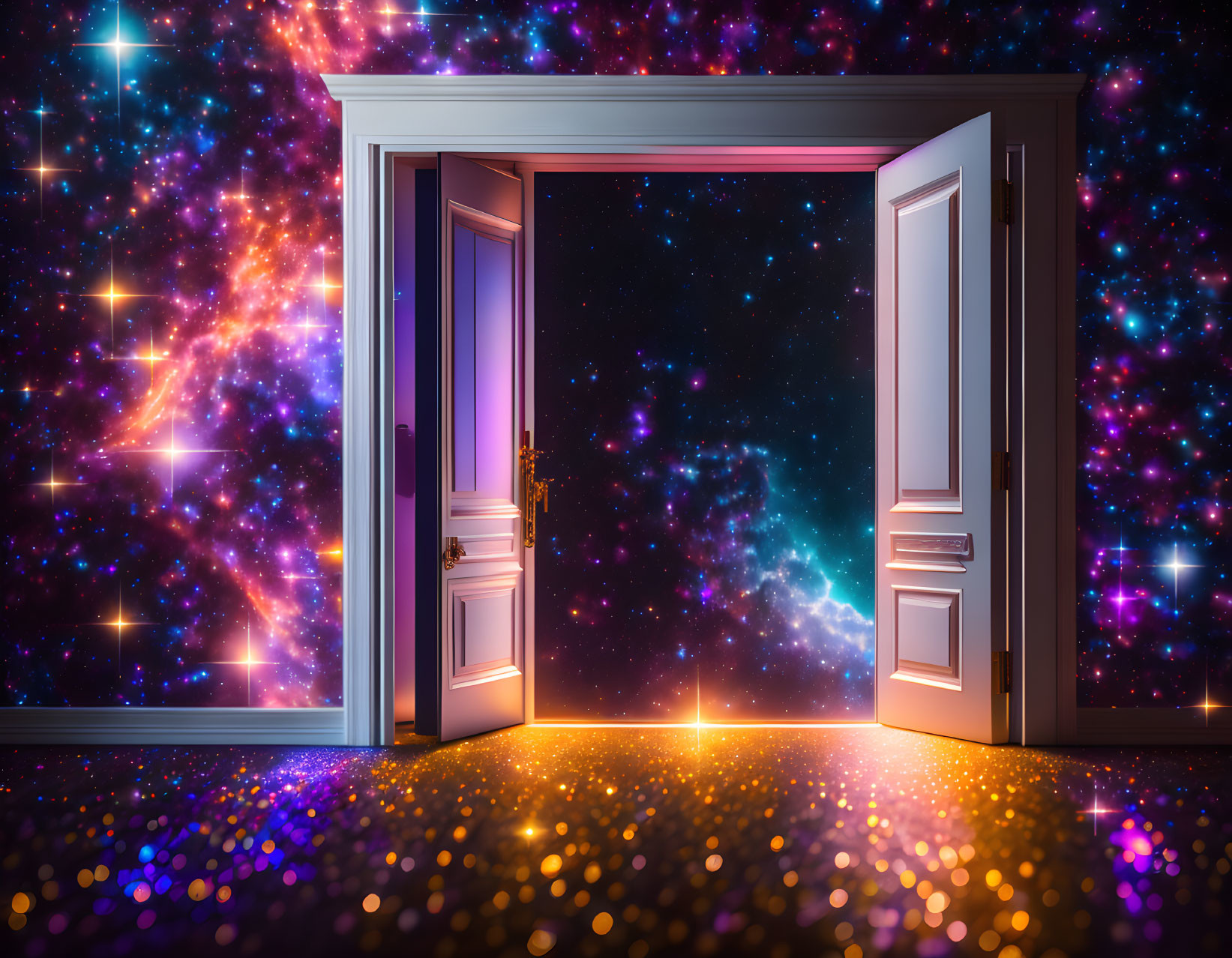 Vibrant cosmic scene through open doorway contrasted with earthly interior.