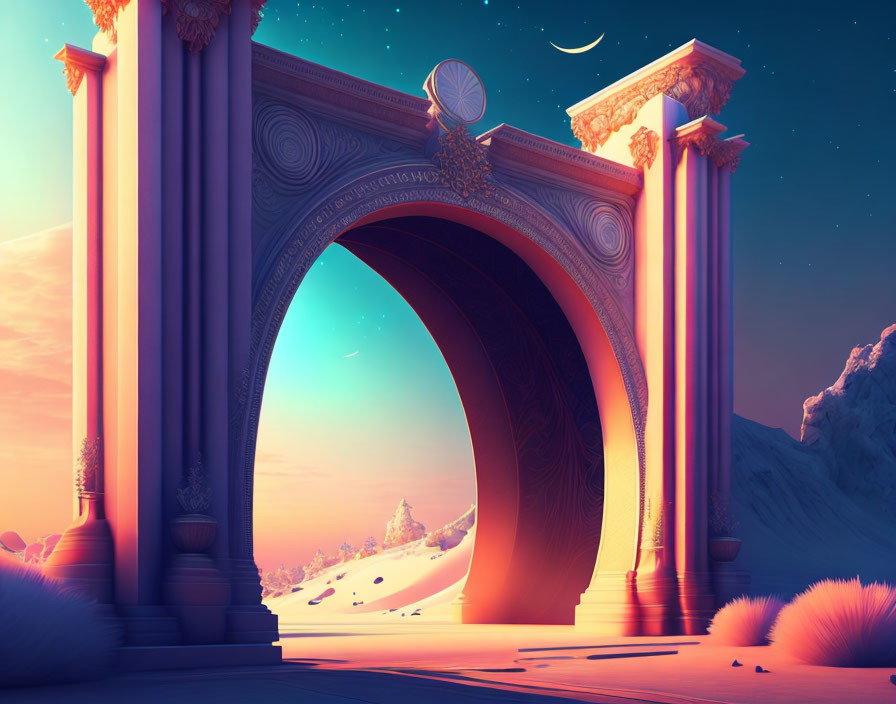 Desert archway casting shadow at sunset with mountains and crescent moon