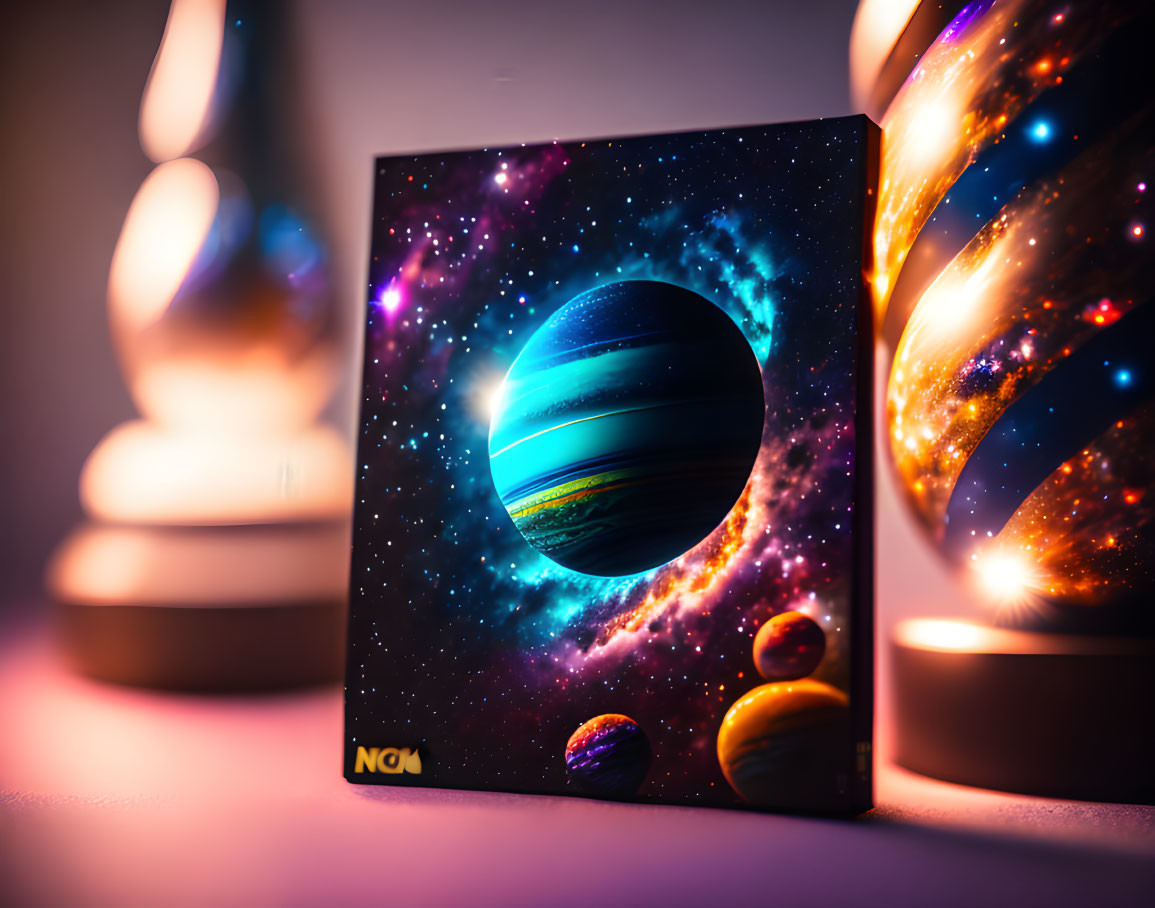 Colorful cosmic scene with large planet, moons, and decorative items in warm lighting