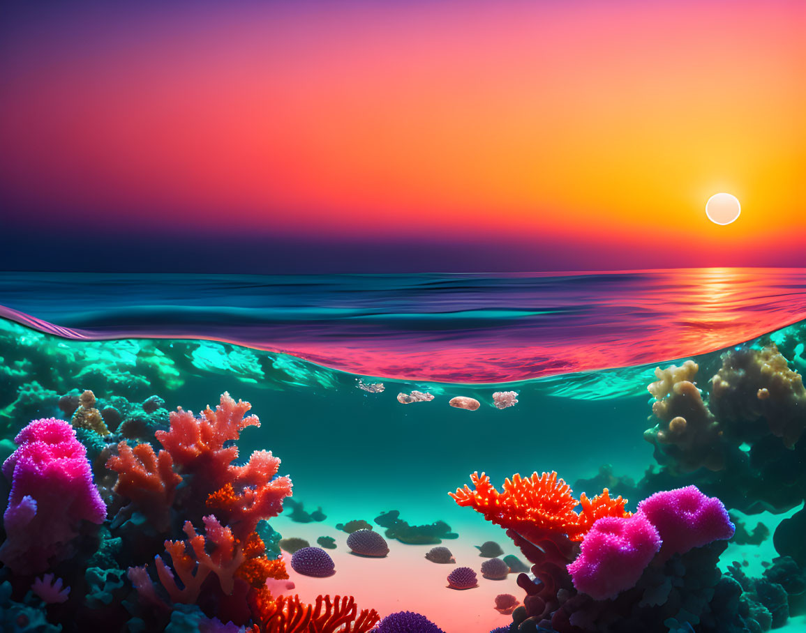 Colorful Coral Reef and Fish Under Sunset Sky