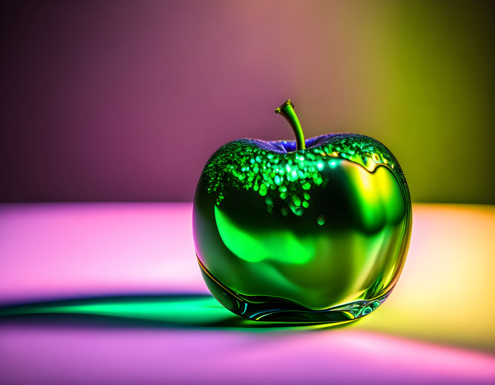 Vibrant green apple with water droplets on colorful gradient backdrop