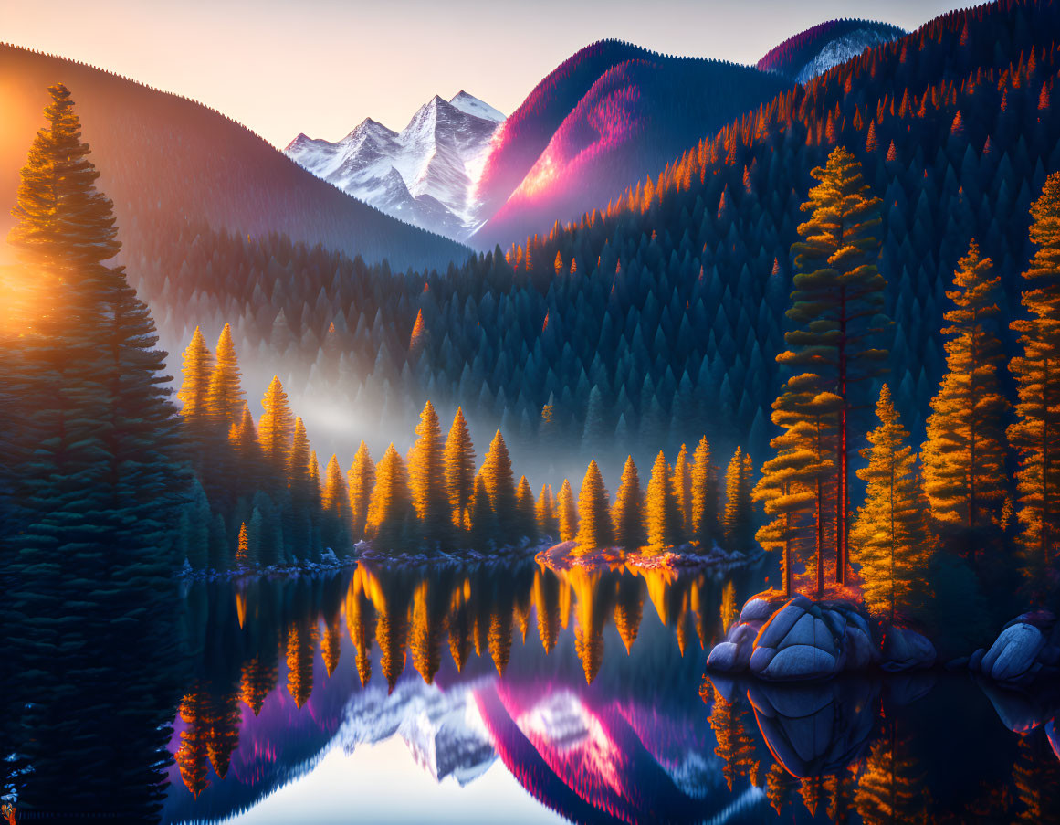 Tranquil forested mountain lake at sunset with snowy peaks and pine tree reflections