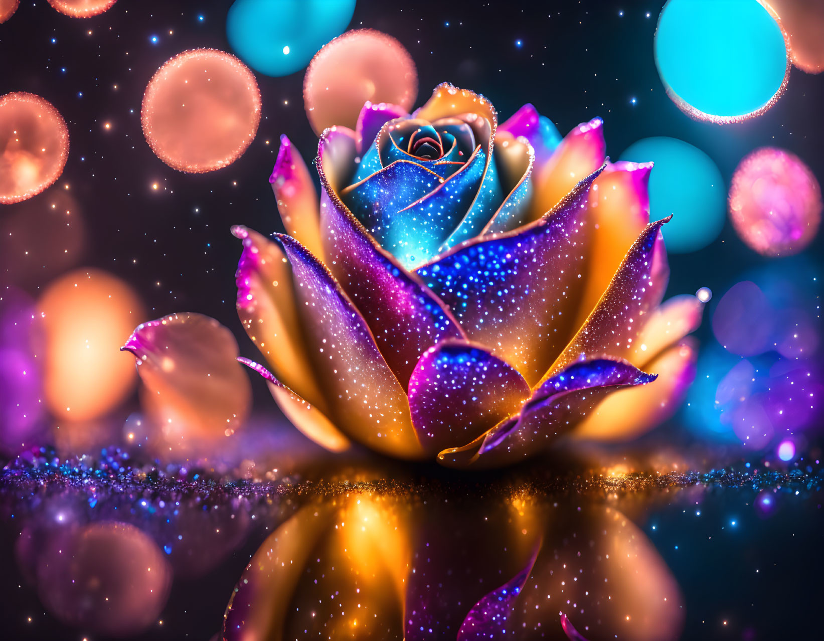 Vibrant luminescent rose with dew drops and bokeh light orbs on reflective surface