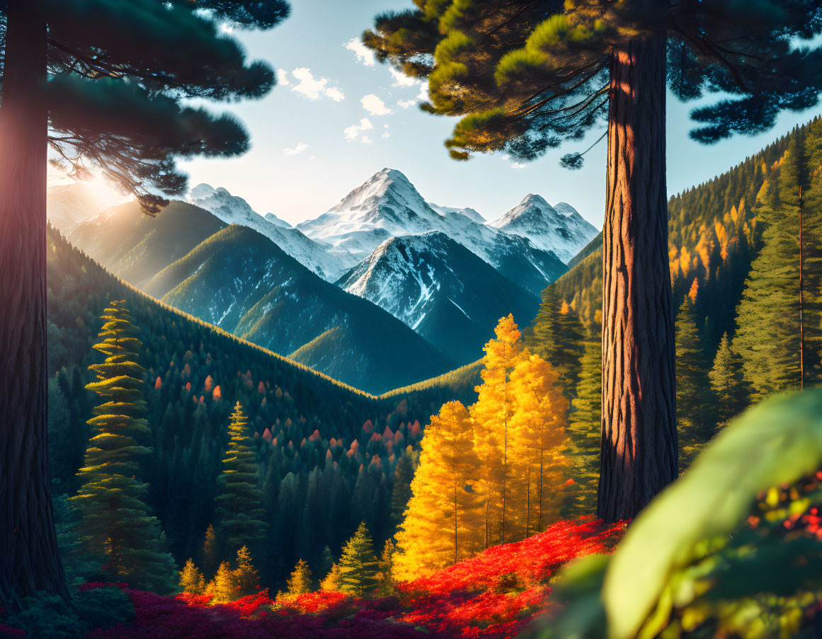 Autumnal forest with golden and red foliage and snow-capped mountains.