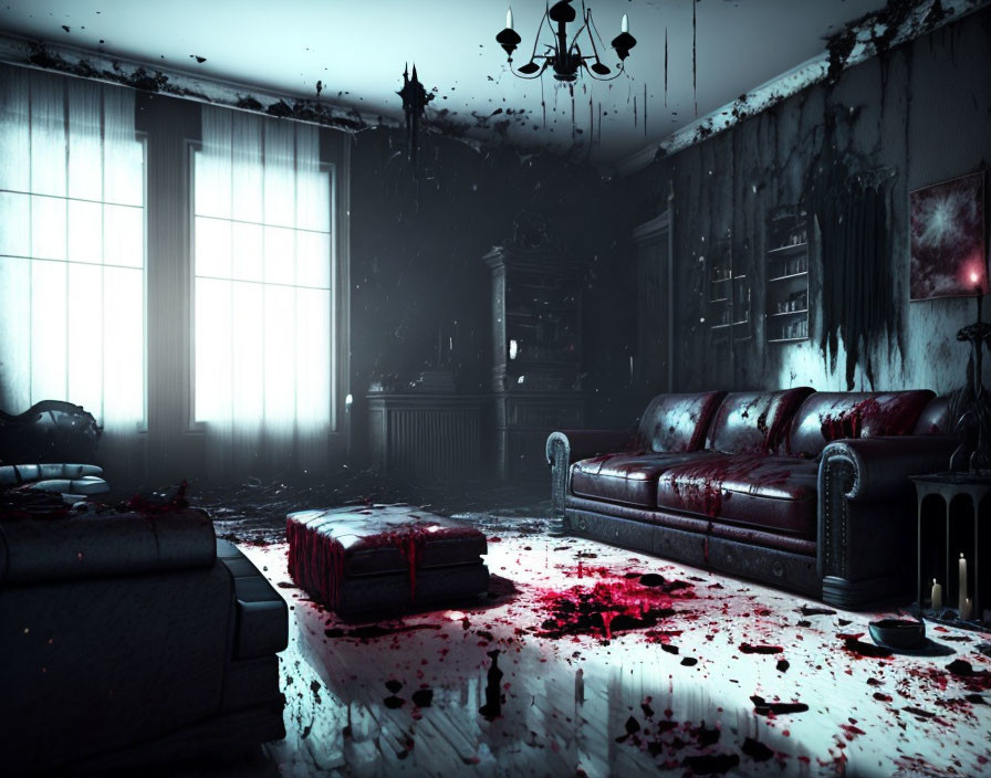 Dimly Lit Room with Blood-Splattered Floor and Ominous Shadows