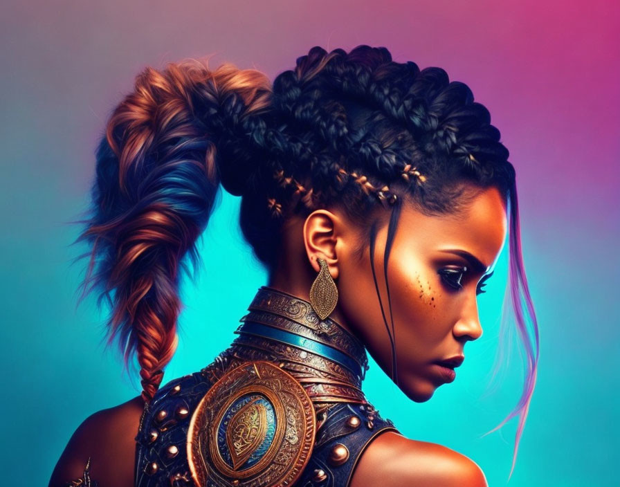 Intricate braided ponytail with metallic beads on woman against colorful backdrop