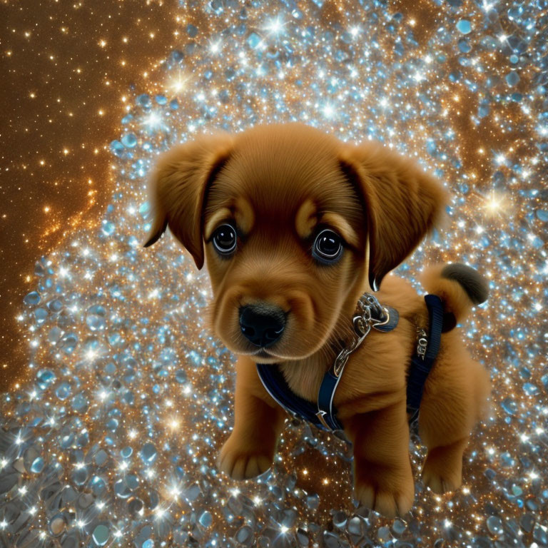 Adorable puppy in blue harness against cosmic starry background