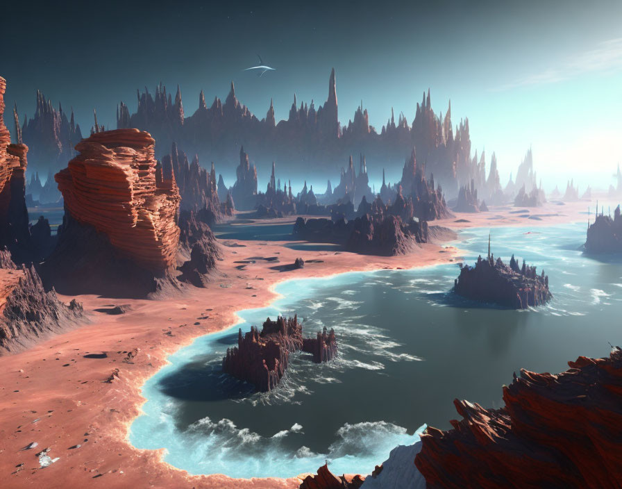 Majestic red rock formations, blue waters, and twin moons in alien sky