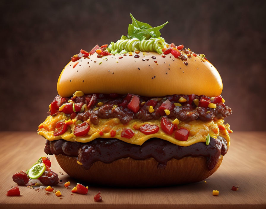 Savory gourmet burger with beef patty, cheese, tomato, greens, and sauce on sesame