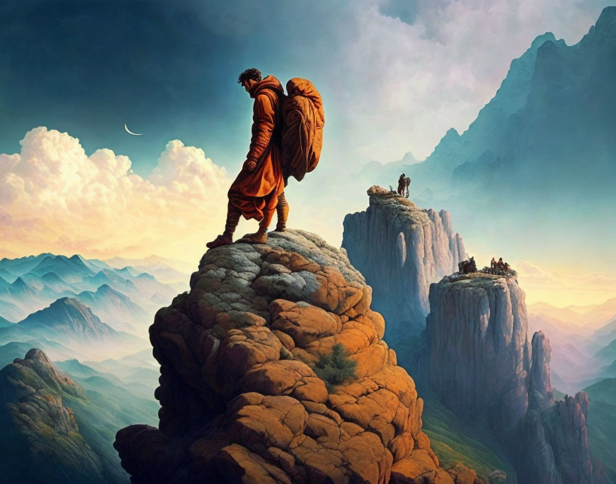 Robed Figure on Rocky Peak Overlooking Dreamlike Mountain Landscape