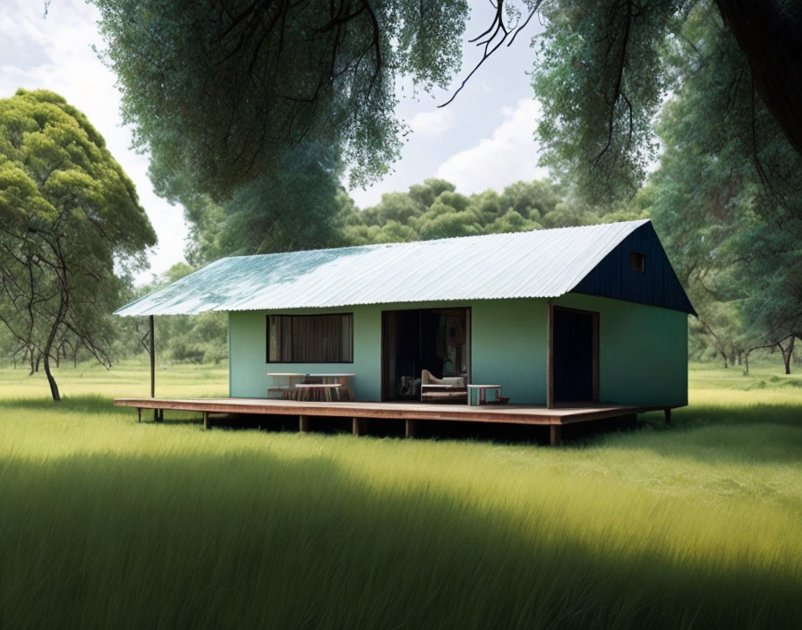 Green rural house with gable roof and front porch in lush meadow.