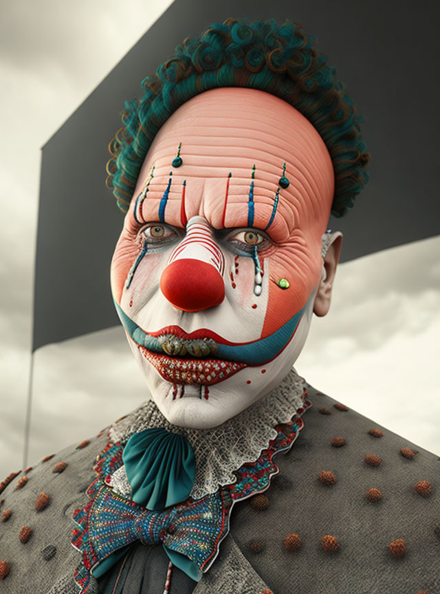 Colorful surreal portrait of clown with exaggerated features and geometric object.