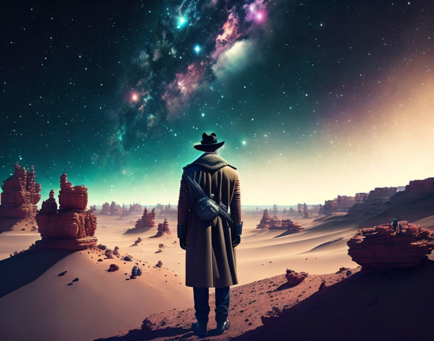 Silhouetted figure in coat gazes at galaxy over surreal desert rock formations