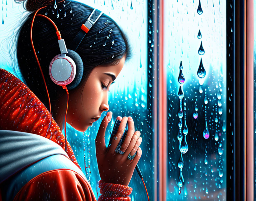 Pensive person with headphones gazes out rain-streaked window