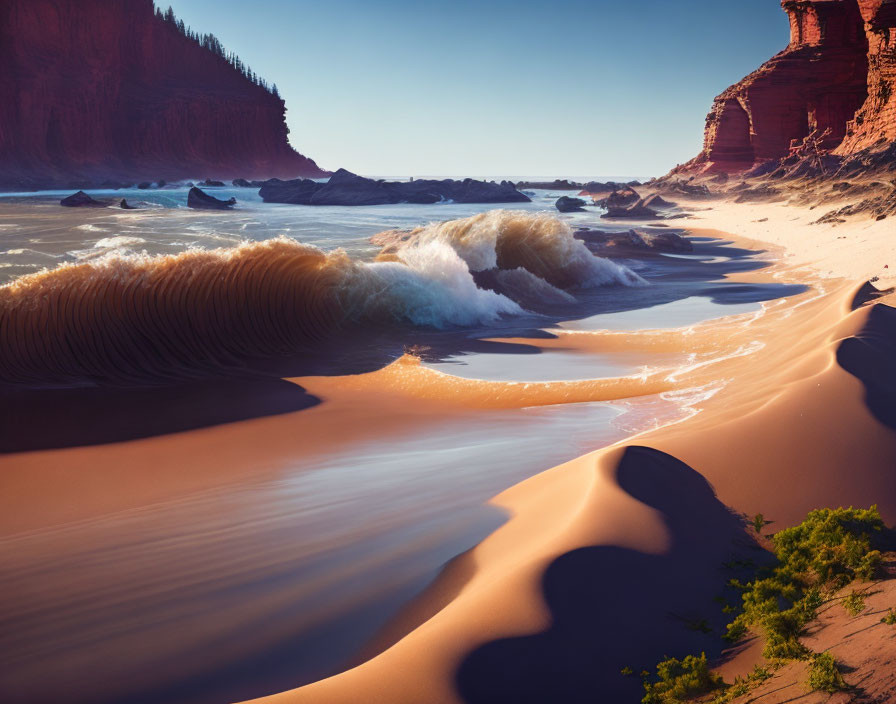 Coastal Sunset with Large Wave, Rocky Cliffs, and Shadows