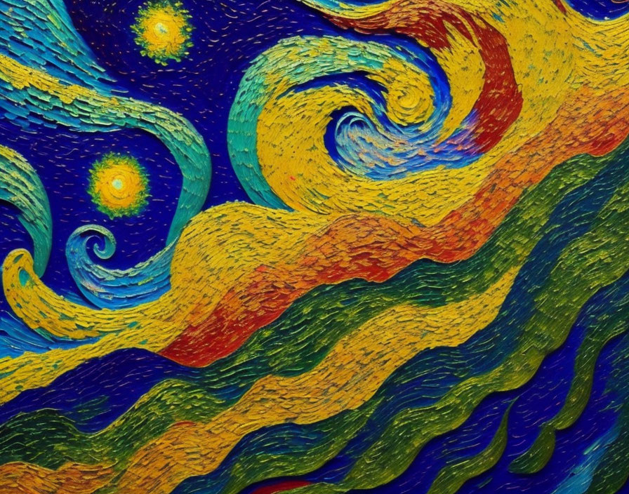 Colorful swirling patterns in blues, yellows, and greens with textured brushstrokes