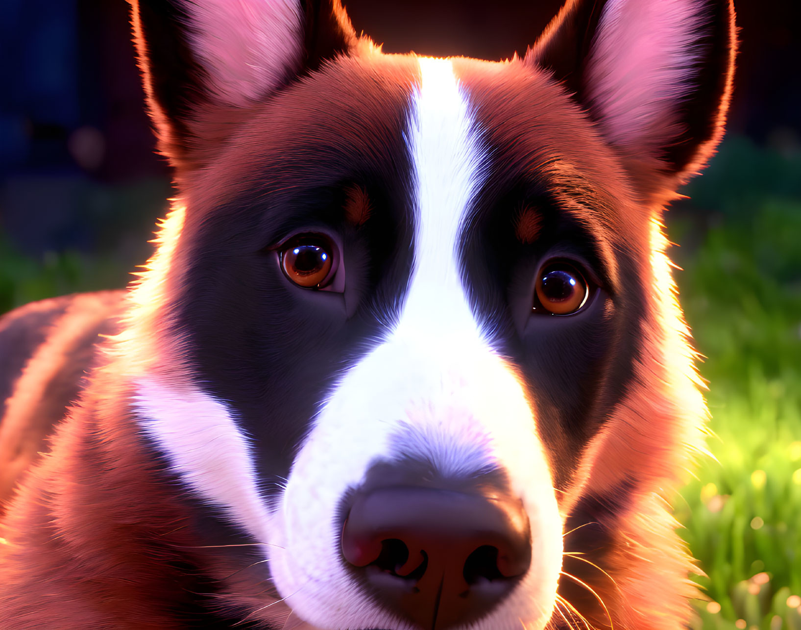 Detailed 3D animated tricolor dog with expressive eyes in warm light against nature backdrop