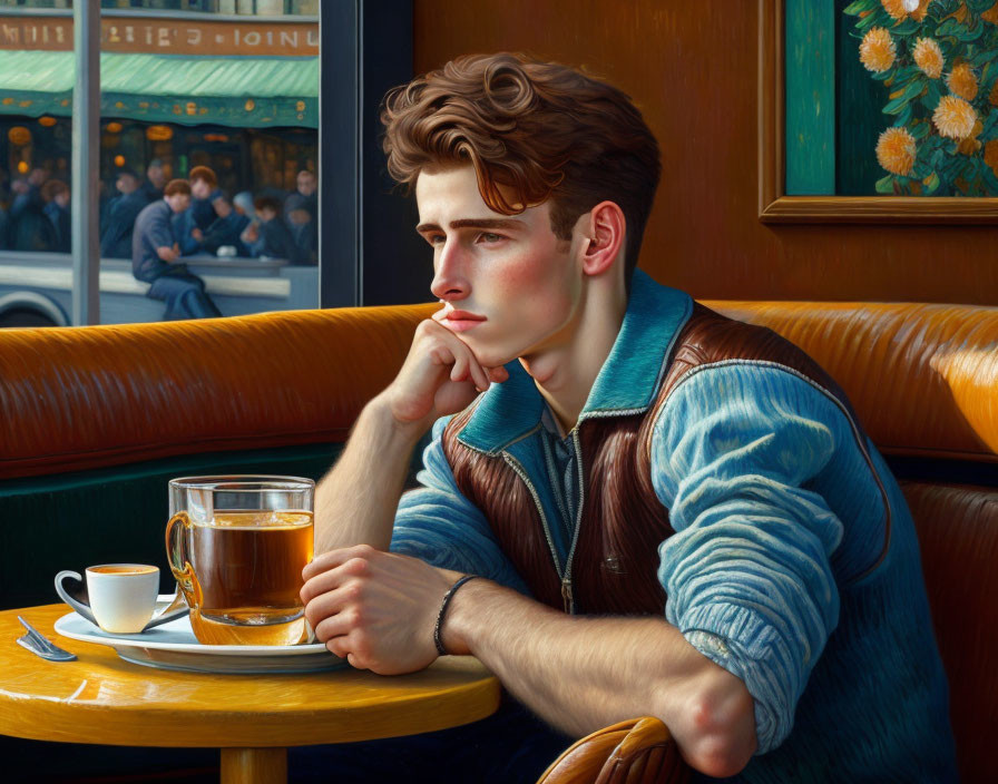 Young man at café table with tea cup and spoon, gazing out window.