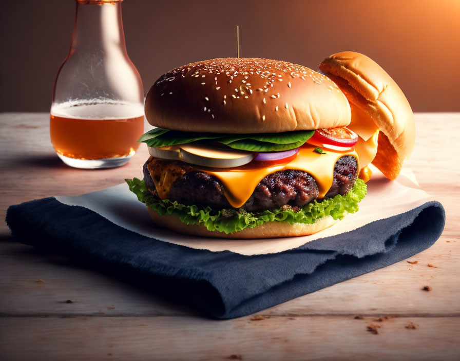 Classic Cheeseburger with Lettuce, Tomato, Cheese, Fries, and Beer