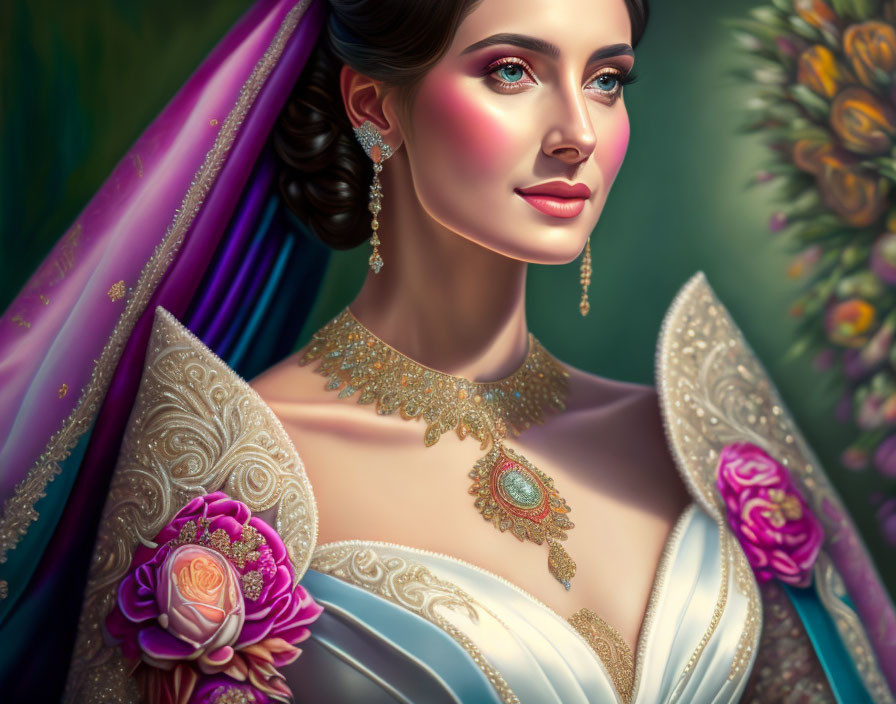 Illustration of elegant woman in ornate dress with flower and jewelry on floral background