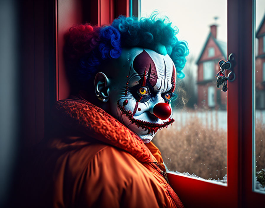 Clown in colorful wig gazes out window with somber expression