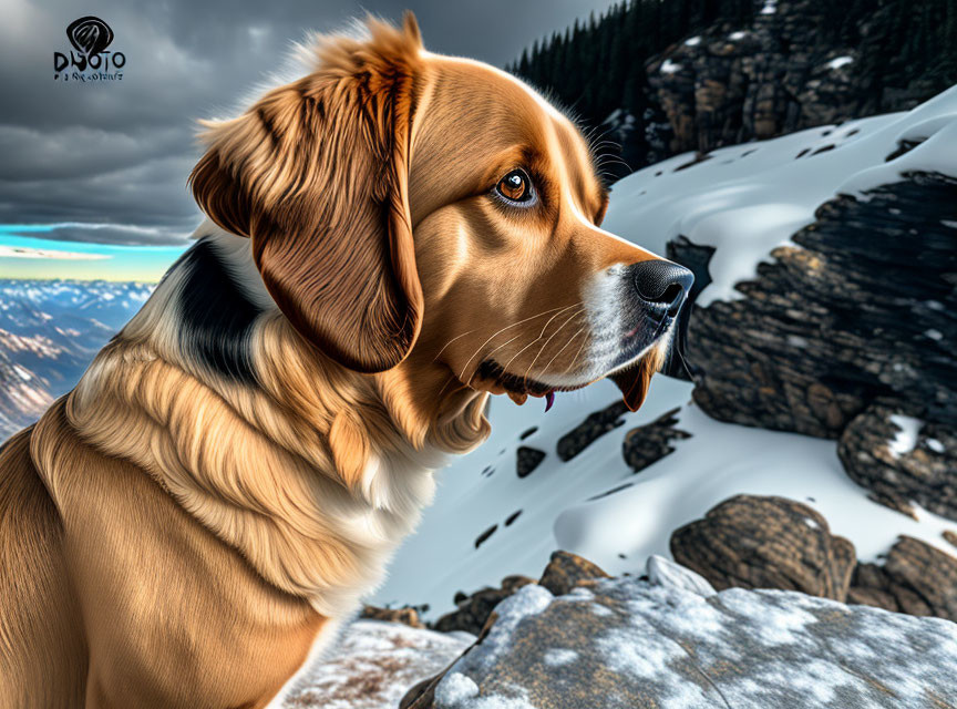 Brown and White Dog with Intense Eyes on Rocky Ledge Overlooking Snowy Mountain Landscape