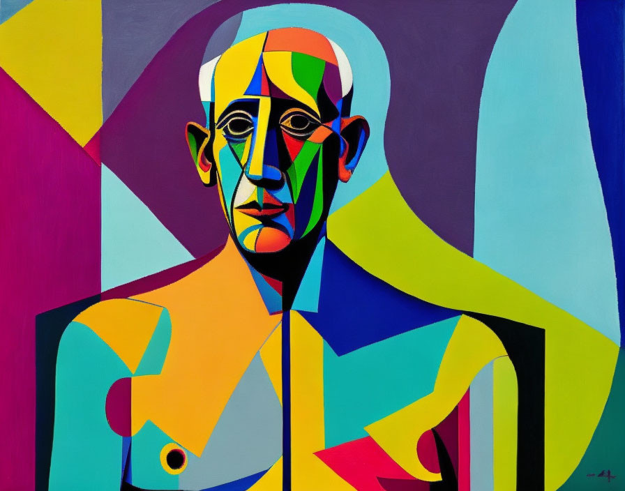 Vibrant cubist painting of fragmented male figure