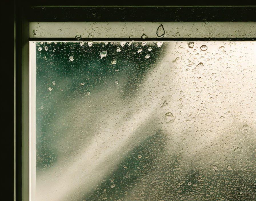 Water droplets on windowpane refracting sunlight after rainstorm.